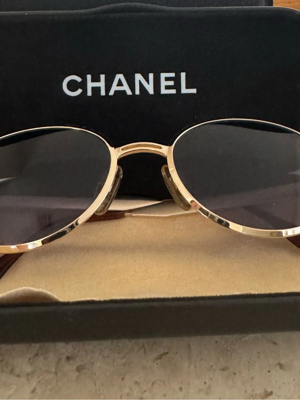 CHANEL Vintage Gold Frame Oval Smoke Lens Sunglasses
